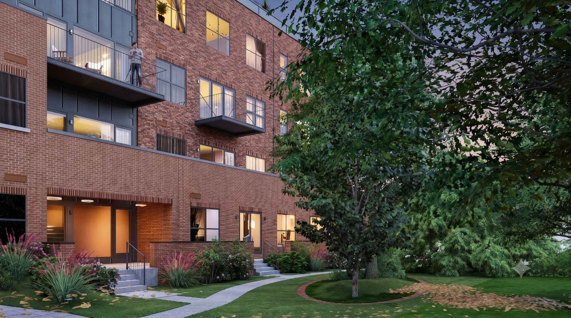 Jardin et arbres au pied de l'immeuble — rendu du projet